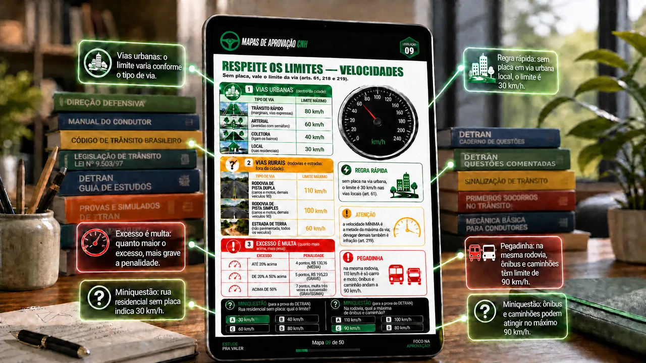 Tablet mostrando um dos Mapas de Aprovação CNH, sobre a mesa com os livros do Detran